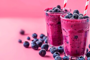 A pink background with two glasses of blueberry smoothie. using a blender to pour into a glass, Generative AI.