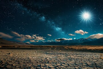 A landscape of cracked, parched dirt with a full moon and a starry night sky, surrounded by sporadic clouds and far-off mountains, Generative AI.
