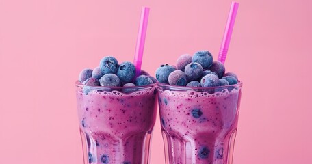 A pink background with two glasses of blueberry smoothie. using a blender to pour into a glass, Generative AI.