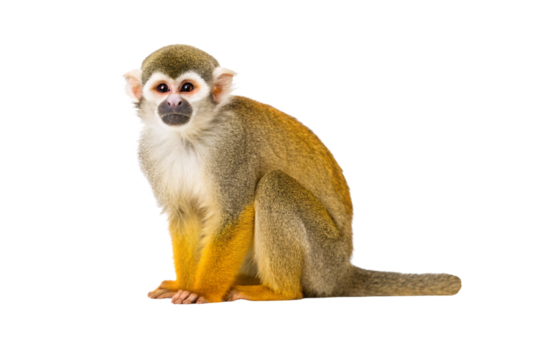 Common squirrel monkey with golden fur and distinctive facial markings sitting in a natural pose, isolated on a transparent background