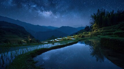Night sky over terraced rice paddies