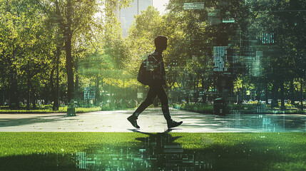 A person walking in a park, overlaid with artificial turf and tech gadgets, showing nature vs. urban development.