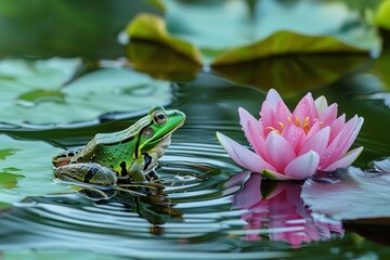 A tranquil pond image features a green frog perched on a lily pad amid water ripples and pink lotus blossoms, Generative AI.