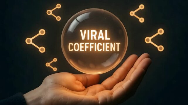 Warm glow reflects network share lines circling a floating viral coefficient orb. Concept of contagious marketing metric.