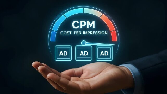 A neon cost‑per‑impression dial marked cpm swings toward red above an outstretched palm. Concept of advertising spend efficiency.