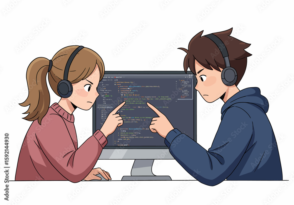 Poster two diverse young people learning to code together focused on computer screen with programming langu