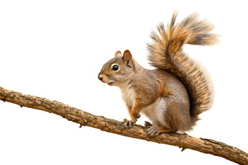 Obraz premium Grey squirrel perched on tree branch with bushy tail raised and alert posture, isolated on a transparent background