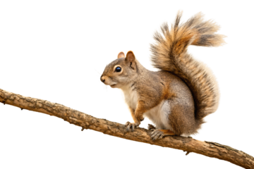 Grey squirrel perched on tree branch with bushy tail raised and alert posture, isolated on a transparent background
