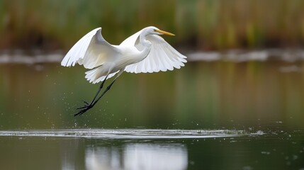 White bird, specifically a great egret, in mid-flight over a body of water. the bird is in the center of the image, with its wings spread wide and its long neck and legs extended.