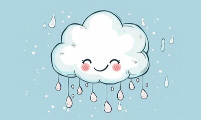Adorable hand-drawn cloud with rosy cheeks and raindrops on a pale blue background that is smiling, Generative AI.