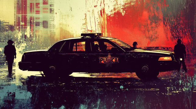 A police car silhouette blended with corruption reports and public distrust.