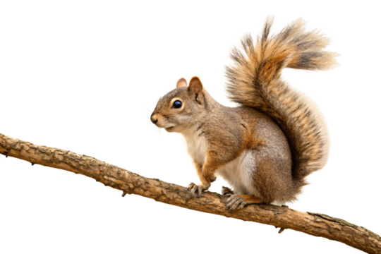 Grey squirrel perched on tree branch with bushy tail raised and alert posture, isolated on a transparent background