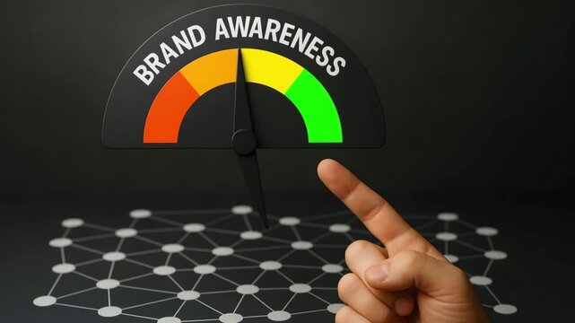 A color‑coded gauge points to green high on brand awareness as a finger nears the dial. Concept of marketing recognition measurement.