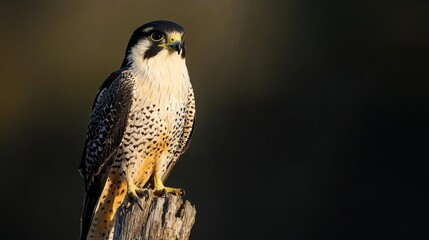 Close-up photograph of a bird of prey, specifically a peregrine falcon, perched on a wooden post. the bird is facing towards the right side of the image, with its head turned slightly to the left.