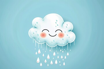 Adorable hand-drawn cloud with rosy cheeks and raindrops on a pale blue background that is smiling, Generative AI.
