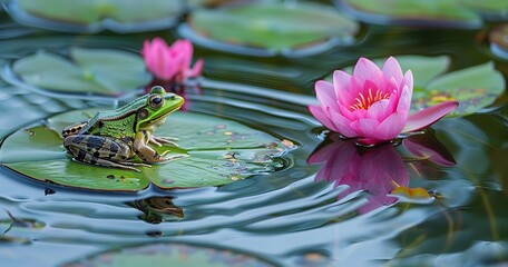 A tranquil pond image features a green frog perched on a lily pad amid water ripples and pink lotus blossoms, Generative AI.