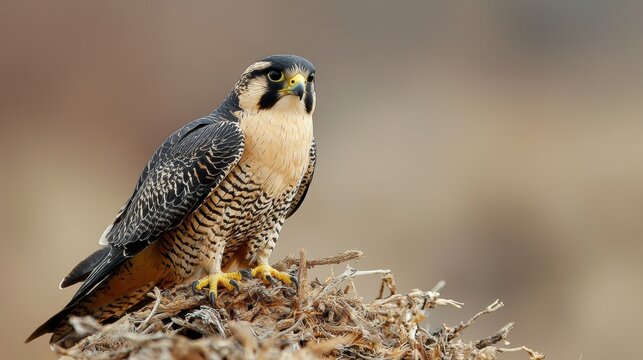 Close-up of a bird of prey, specifically a peregrine falcon, perched on top of a pile of dry grass. the bird is facing towards the right side of the image, with its head turned slightly to the left. - Powered by Adobe