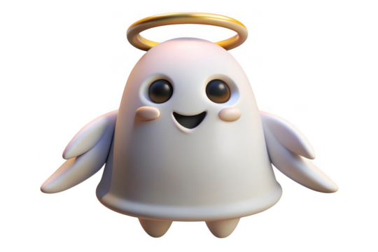 Cute cartoon ghost with wings and halo isolated on transparent background