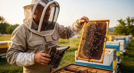 Beekeeper inspects frame with honeycombs in apiary, holding chimney in hands. Beekeeping, honey production