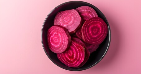 Against a backdrop of pastel pink, a black bowl containing sliced beets displays circular patterns and vivid magenta tones, Generative AI.