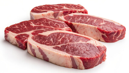 Close-Up of Four Fresh Thick-Cut Beef Steaks with Marbling – Raw Meat on White