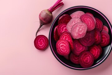 Against a backdrop of pastel pink, a black bowl containing sliced beets displays circular patterns and vivid magenta tones, Generative AI.