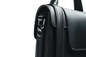 Naklejka premium Elegant black leather briefcase with silver hardware, perfect for professional use. Timeless design meets modern functionality. Ideal for business or travel.