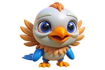 Fototapeta premium Cute cartoon baby eagle with big blue eyes and orange feathers isolated on transparent background