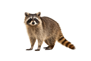 Fototapeta premium Raccoon in three-quarter view displaying characteristic black mask, striped tail, and gray-brown fur coat, isolated on a transparent background
