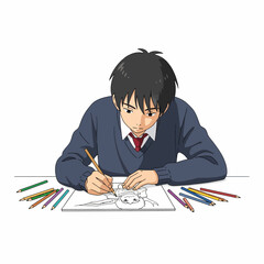 Young student focused on drawing with colored pencils on white paper