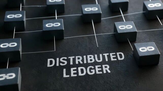 Black cubes linked by white lines form a network around the words distributed ledger. Concept of blockchain data architecture.