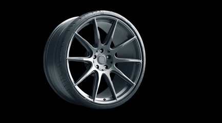 Dark gray alloy wheel with tire, isolated on black
