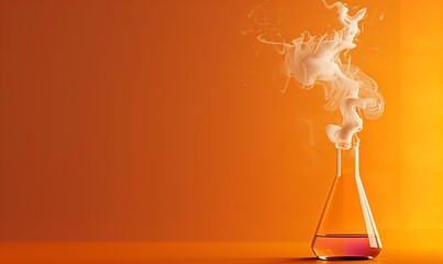 An orange background contrasts with white smoke coming from a glass flask in this simple scientific idea illustration, Generative AI.