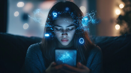 A teenager scrolling on their phone, merged with cyberbullying messages and mental health icons.
