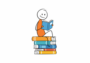 Happy stick figure person reading book sitting on stack of colorful books illustration
