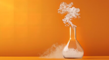 An orange background contrasts with white smoke coming from a glass flask in this simple scientific idea illustration, Generative AI.