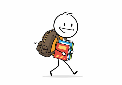 Happy stick figure student walking with backpack and books ready for school education concept