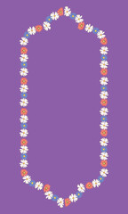 Floral frame with cute daisy and rose elements forming an elegant border on a purple background. Ideal for greeting cards, invitations, or decorative designs. Vector style for creative projects.