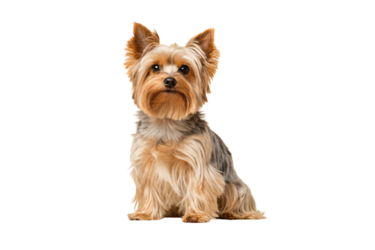 Cute small Yorkshire Terrier dog with flowing coat and alert expression sitting upright, isolated on a transparent background - Powered by Adobe