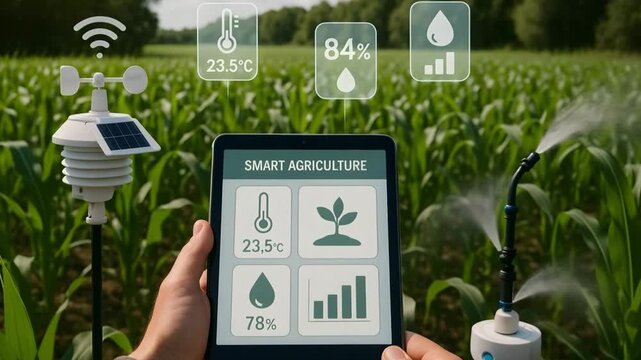 A tablet shows temperature, moisture, and growth charts while wireless sensors irrigate a green crop. Concept of smart agriculture data‑driven farming.

