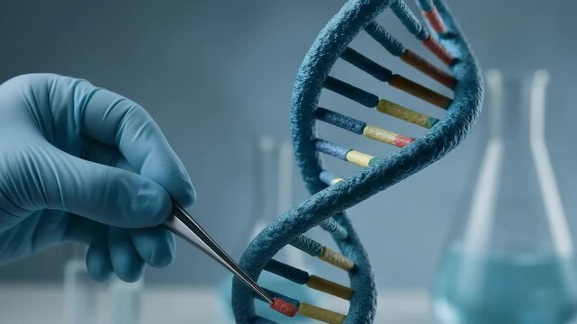 In a chemistry lab a gloved hand removes a colored nucleotide from a twisting dna helix with precise tweezers. Concept of synthetic biology and gene therapy