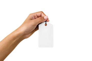 Hand displaying empty white rectangular tag with string hole for labeling and identification, isolated on a transparent background