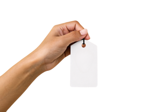 Hand displaying empty white rectangular tag with string hole for labeling and identification, isolated on a transparent background