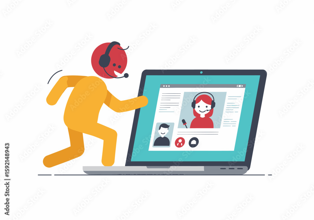 Fototapete Orange stick figure with headset running towards laptop displaying video call conversation with customer service representative