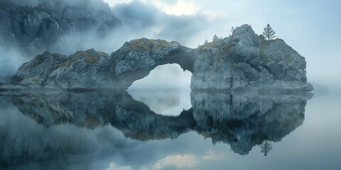 At dawn, a rock arch in fog with water reflected in it, Generative AI.