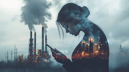 A woman on her smartphone, blended with factory emissions and digital currencies, symbolizing consumption and invisible costs