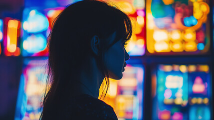 A woman’s silhouette overlaid with glowing neon gambling machines, showing the rise of gambling addiction.