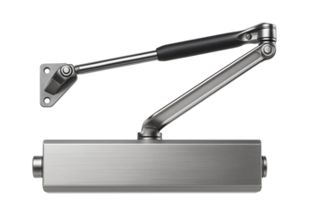 Heavy-duty door closer with an adjustable arm for a public facility entrance.