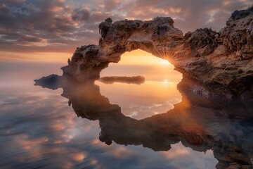 At dawn, a rock arch in fog with water reflected in it, Generative AI.