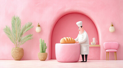 A cartoon baker kneading dough on a counter in a cafe setting.